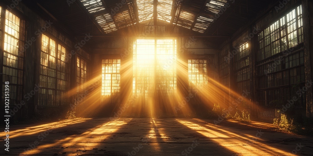 Sunlight streams through broken windows in an abandoned building, casting a warm, golden glow on dusty interiors, highlighting forgotten beauty and time's passage