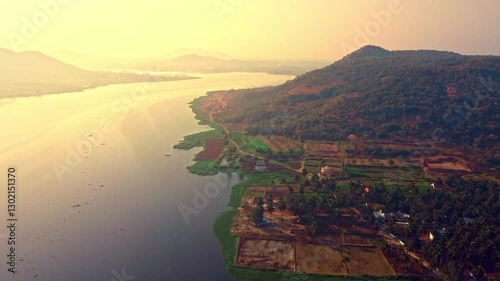 Beautiful ariel view of Akravati river backwaters nearby Mekedatu sangama in Kanakpura Road close to Bangalore city in Karnataka photo