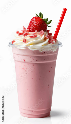 Strawberry smoothie in a plastic cup with a red straw, transparent background