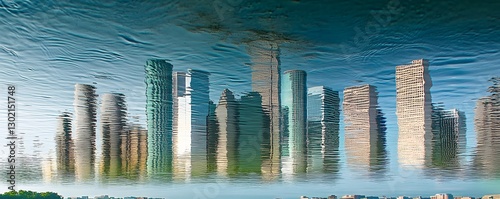 City skyline mirrored upside down in rippling water surface