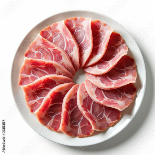 Thinly Sliced Pork Collar Wreath on White Plate