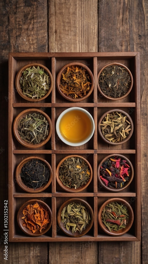 A collection of various teas nestled in wooden bowls. Flat lay with copy space