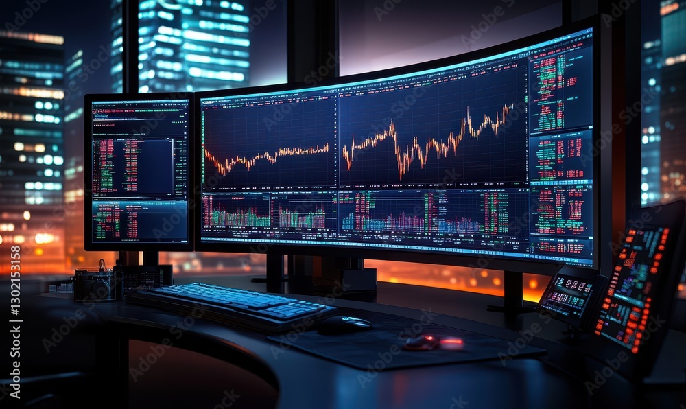 Financial and business candle stock graph chart, Bull vs bear concept, a panoramic shot of a large, curved monitor wrapped around a trading station, displaying extensive candlestick charts Financial and business candle stock graph chart, Bull vs bear concept, a panoramic shot of a large, curved monitor wrapped around a trading station, displaying extensive candlestick charts