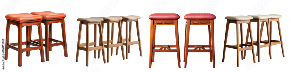 Diverse collection of wooden stools and chairs in various styles and finishes suitable for home cafe or office decor The furniture pieces offer a mix of modern classic Diverse collection of wooden stools and chairs in various styles and finishes suitable for home cafe or office decor The furniture pieces offer a mix of modern classic