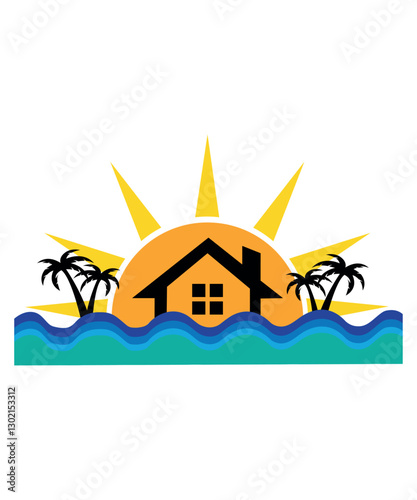 Modern Beachfront Villa Logo with Palm Trees and Ocean Waves
