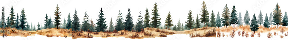 Fototapeta premium Stunning landscape of a dense lush evergreen forest with towering pine spruce and fir trees In the foreground is a scenic meadow with autumn foliage