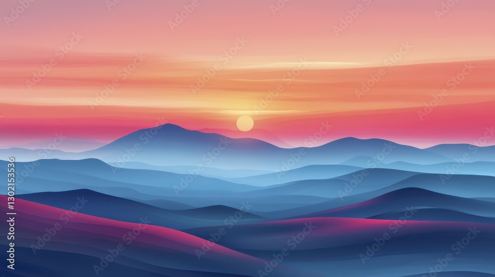 Fototapeta premium Serene Sunset Over Blue Mountains: A Vibrant Panorama of Tranquil Landscape at Dawn