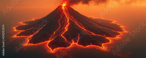 Volcanic Eruption with Flowing Lava on Island, Orange Sky