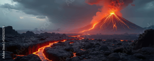 Volcano Eruption with Lava Flowing over Rocky Landscape