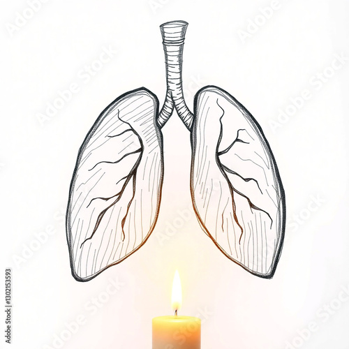 lungs with burning candle, lung health concept, isolated on white