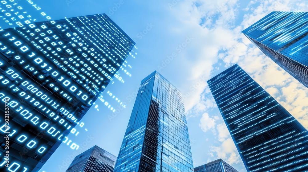 Towering Skyscrapers Under Blue Sky with Digital Effects Displaying Data Towering Skyscrapers Under Blue Sky with Digital Effects Displaying Data