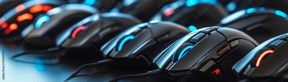 Row of gaming mice with dynamic lighting and sleek design, isolated on white. Row of gaming mice with dynamic lighting and sleek design, isolated on white.