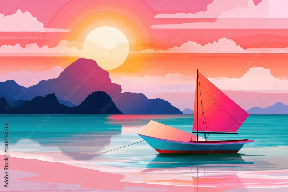 Naklejka premium Scenic Cambodia Landmarks, Tranquil Sunrise Over Calm Waters with Sailboat and Vibrant Sky in Serene Landscape