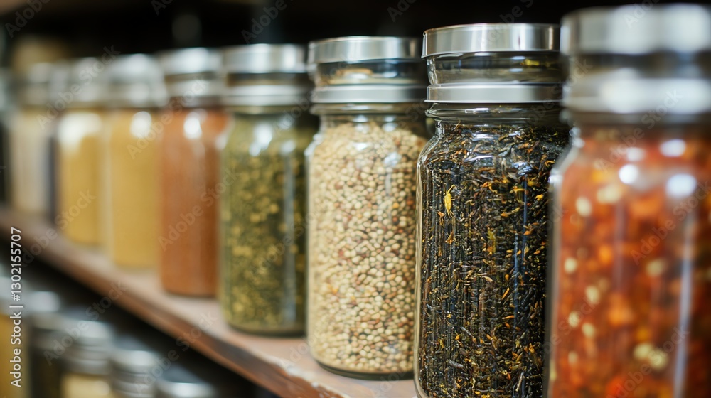 Variety of spice jars arranged neatly on a shelf, colorful and aromatic collection. Variety of spice jars arranged neatly on a shelf, colorful and aromatic collection.