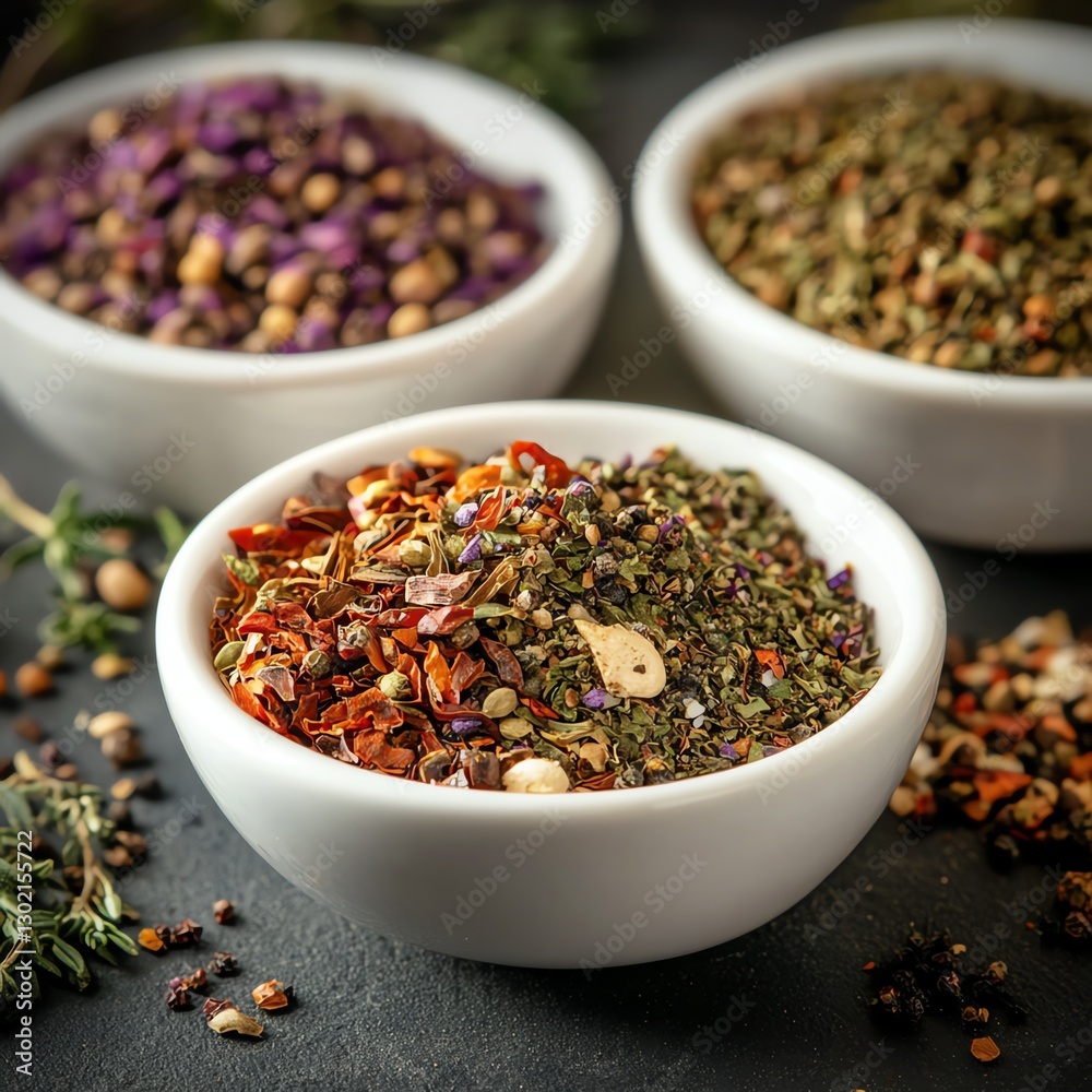 Variety of colorful spices in white bowls on dark background. Variety of colorful spices in white bowls on dark background.