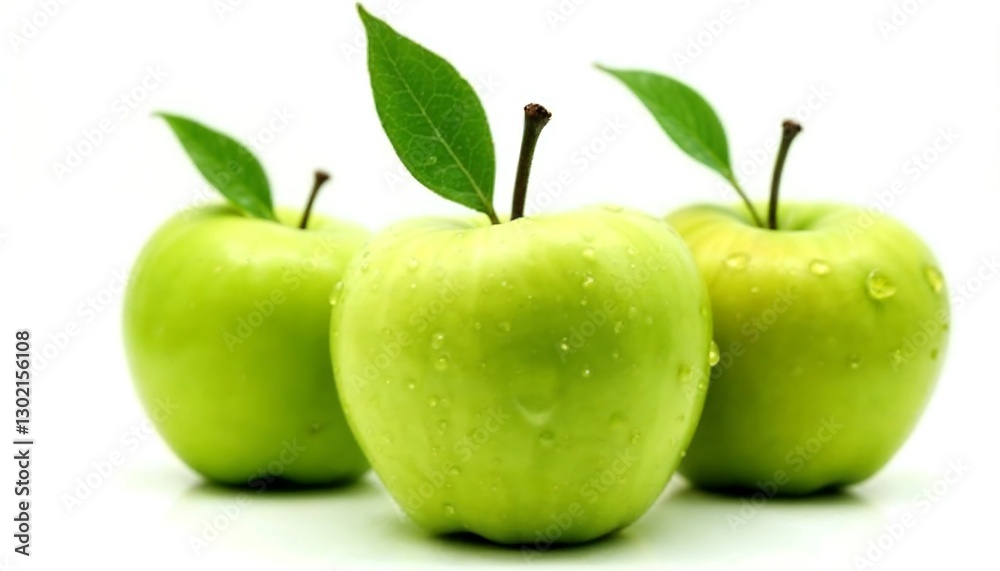 Fresh green apples with leaves and water droplets on a white background, healthy food Fresh green apples with leaves and water droplets on a white background, healthy food