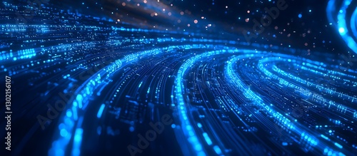 Abstract digital data flow; glowing blue lines curve across dark background, representing fast data transfer, futuristic technology, and connectivity.