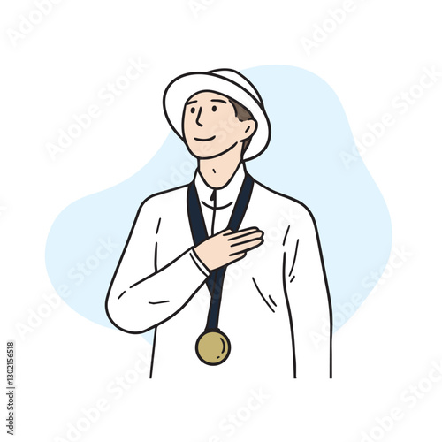 An Olympic Games winning athlete salutes the national flag with a medal around his neck. Olympic vector illustration.