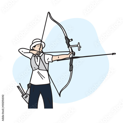 Athlete competing in Olympic archery. Man shooting a bow. Vector illustration related to Olympic sport.