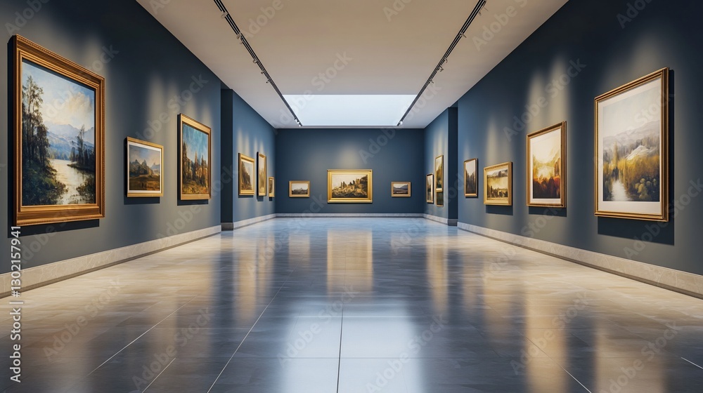 A modern art gallery with many paintings displayed on its long blue walls and reflective floor