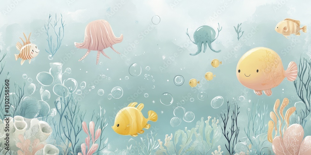 Naklejka premium Charming Underwater World: A Delightful Illustration of Cute Cartoon Fish and Jellyfish Swimming in a Vibrant Ocean Scene