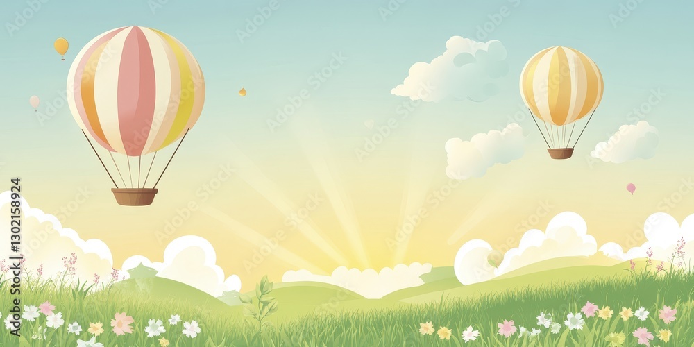 Obraz premium Serene Sunrise: Hot Air Balloons Soaring Over a Picturesque Meadow Landscape