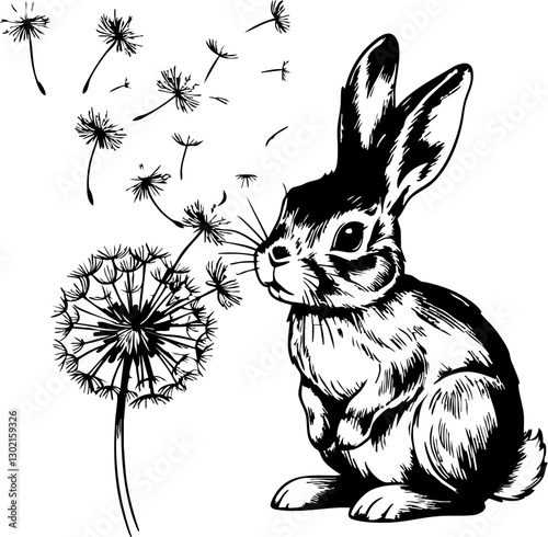 Rabbit blowing dandelion seeds nature scene illustration whimsical atmosphere close-up view playful concept