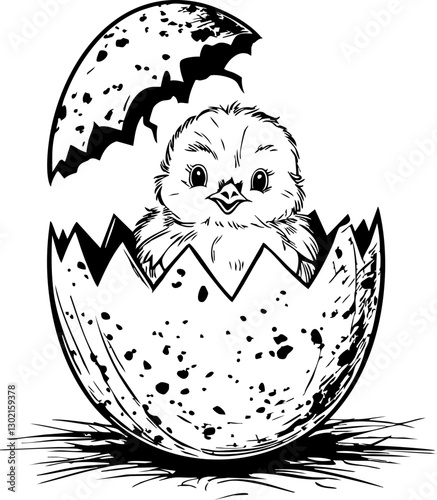 Newborn chick hatching from egg farmyard illustration natural setting close-up joy of new life