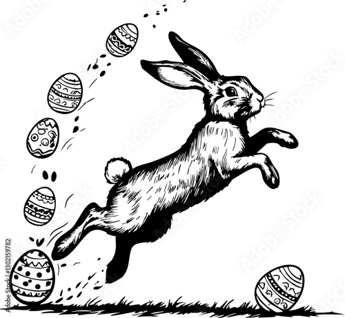Easter bunny leaping over colorful eggs springtime celebration illustrative artwork whimsical environment side view joyful concept