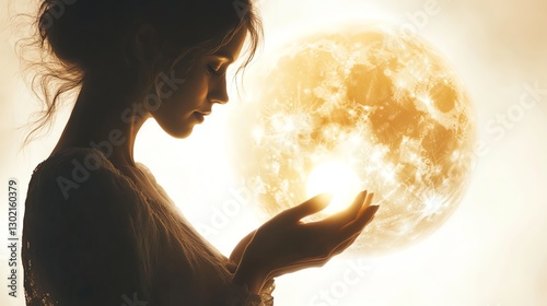 Silhouette of a woman holding glowing energy, moonlight backdrop.