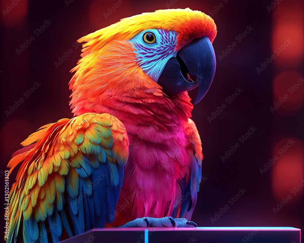 Fototapeta premium Vibrant Parrot in Colorful Suit Speaking at Glowing Podium Symbolizing Communication and Energy