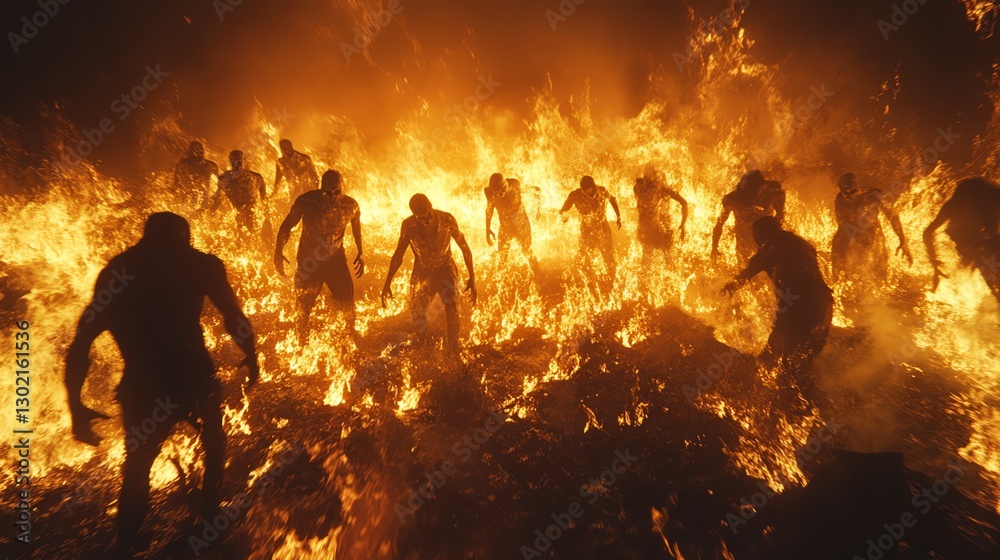 Silhouettes of figures amidst flames in a fiery landscape. Silhouettes of figures amidst flames in a fiery landscape.