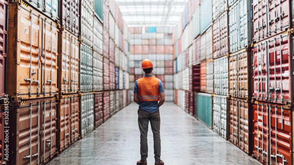 Worker in Safety Gear Analyzing Storage Containers in Warehouse Worker in Safety Gear Analyzing Storage Containers in Warehouse