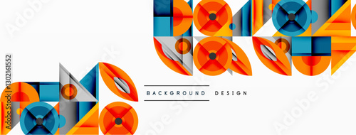 Geometric abstract composition with intersecting shapes, circles, triangles, and gradients, blending vibrant colors and dynamic contrasts to create a modern, futuristic visual design