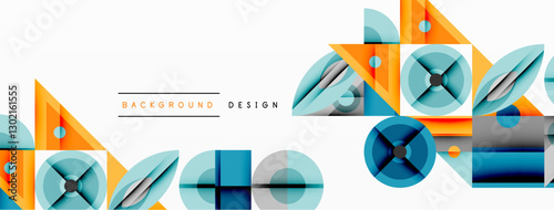 Geometric abstract composition with intersecting shapes, circles, triangles, and gradients, blending vibrant colors and dynamic contrasts to create a modern, futuristic visual design