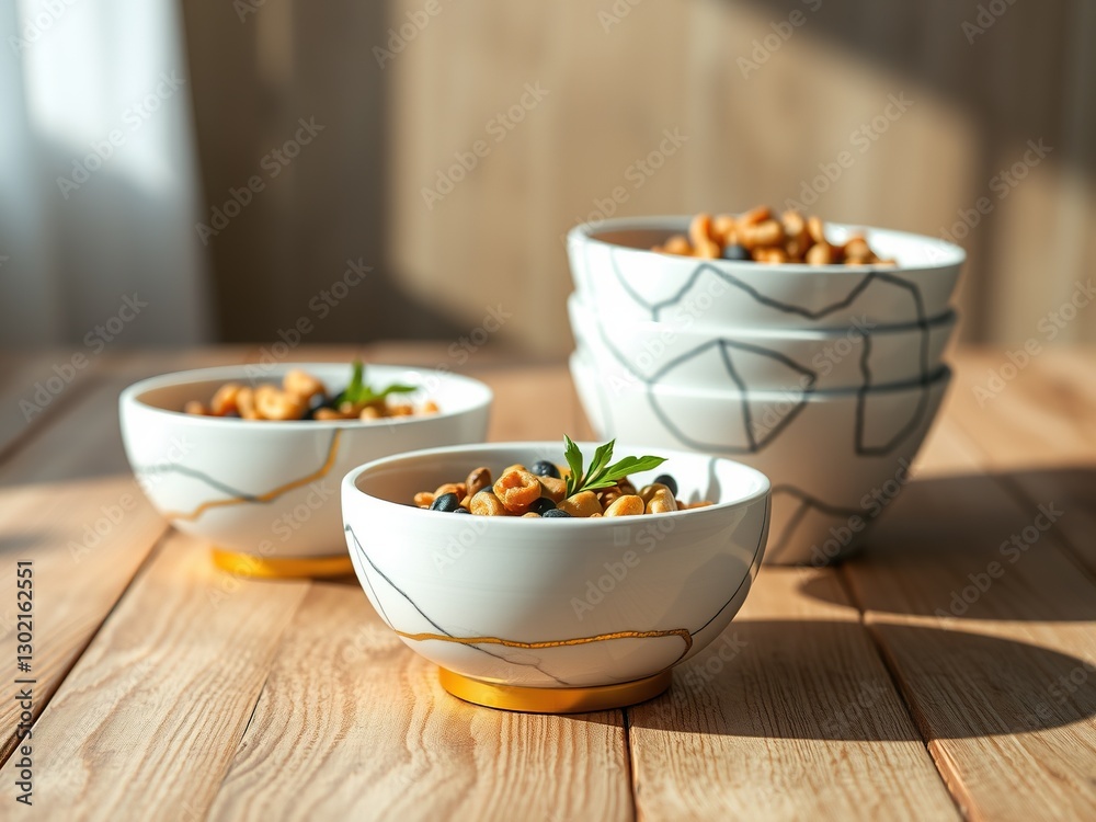 Elegant Slow Feeder Bowls on Wooden Surface with Marble Details Elegant Slow Feeder Bowls on Wooden Surface with Marble Details