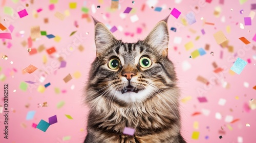 Confetti Cat Celebration: A fluffy cat with wide eyes is surrounded by vibrant confetti, expressing pure surprise and joy against a delightful background.