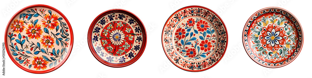 Collection of Handcrafted Ceramic Plates and Bowls Featuring Intricate Floral and Geometric Patterns in Vibrant Earthy Tones for Bohemian Rustic or Ethnic Inspired Home Decor and Dining Experiences Collection of Handcrafted Ceramic Plates and Bowls Featuring Intricate Floral and Geometric Patterns in Vibrant Earthy Tones for Bohemian Rustic or Ethnic Inspired Home Decor and Dining Experiences