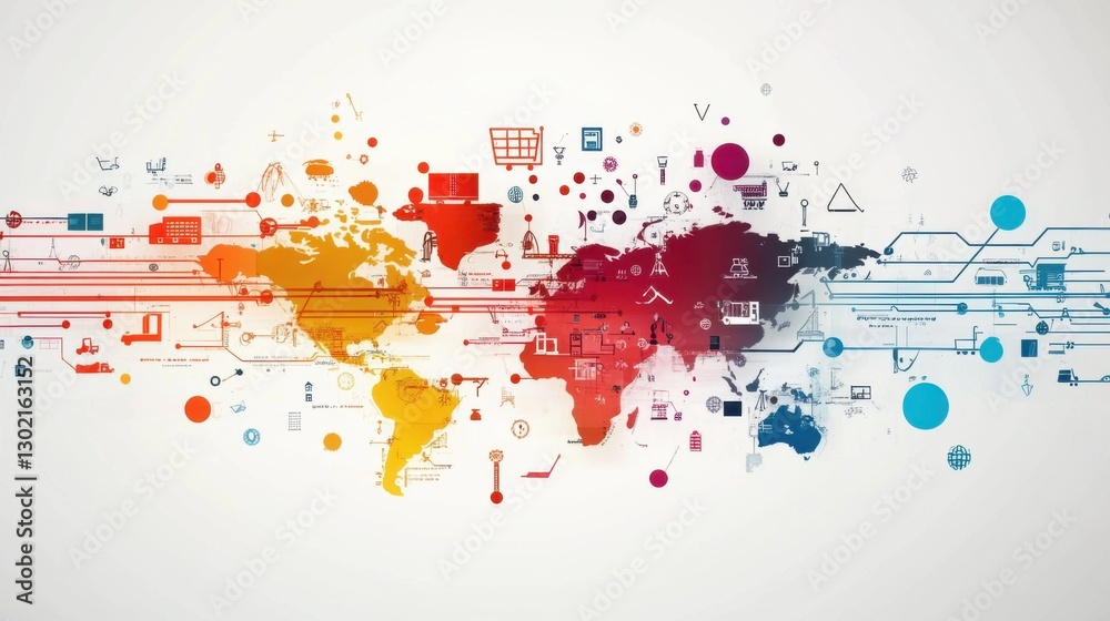 Obraz premium Abstract World Map with Digital Elements and Colorful Design