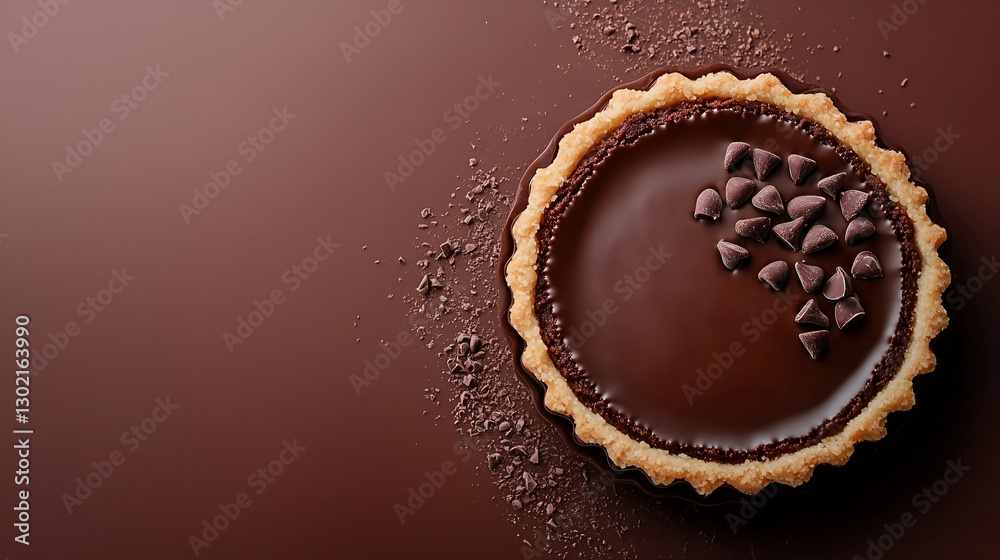 Chocolate tart with glossy ganache and chocolate chips on a rich brown background Chocolate tart with glossy ganache and chocolate chips on a rich brown background