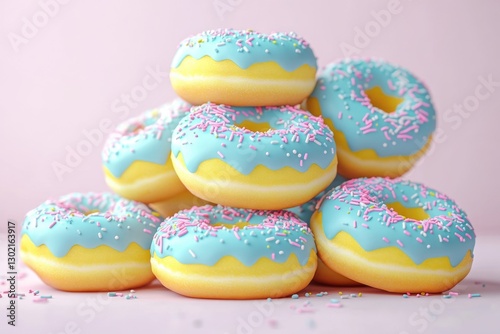 Wallpaper Mural A stack of delicious light blue donuts with pink and white sprinkles on a pink background. Torontodigital.ca