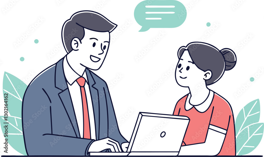 Job interview. Vector flat modern illustration of a man talking to a young woman with laptop. Job interview. Vector flat modern illustration of a man talking to a young woman with laptop.