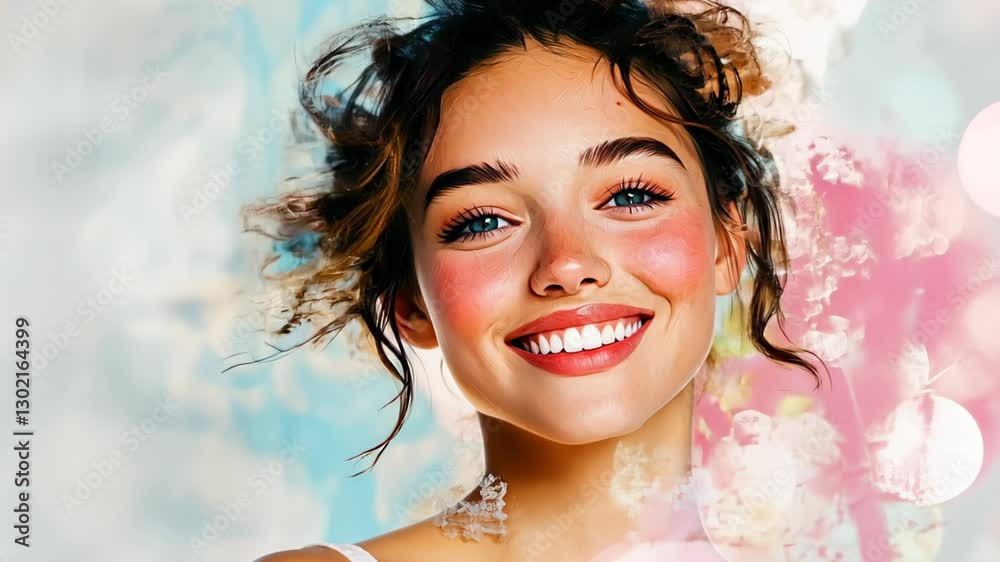 Realistic Portrait of Smiling Woman with Artistic Brushstroke Effects in Pastel Colors Realistic Portrait of Smiling Woman with Artistic Brushstroke Effects in Pastel Colors