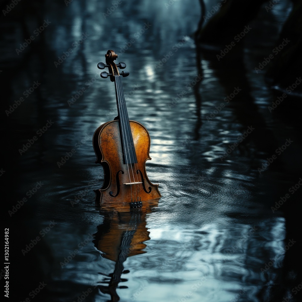 Fototapeta premium Antique Violin Partially Submerged in Calm Water Reflecting in the Surface, Artistic Concept