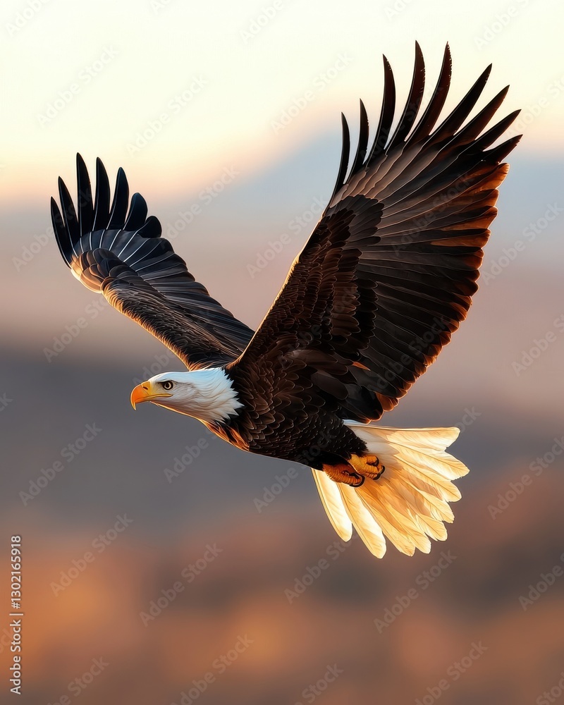 Obraz premium Majestic American Bald Eagle Soaring in Flight Against a Dreamy Sunset Sky