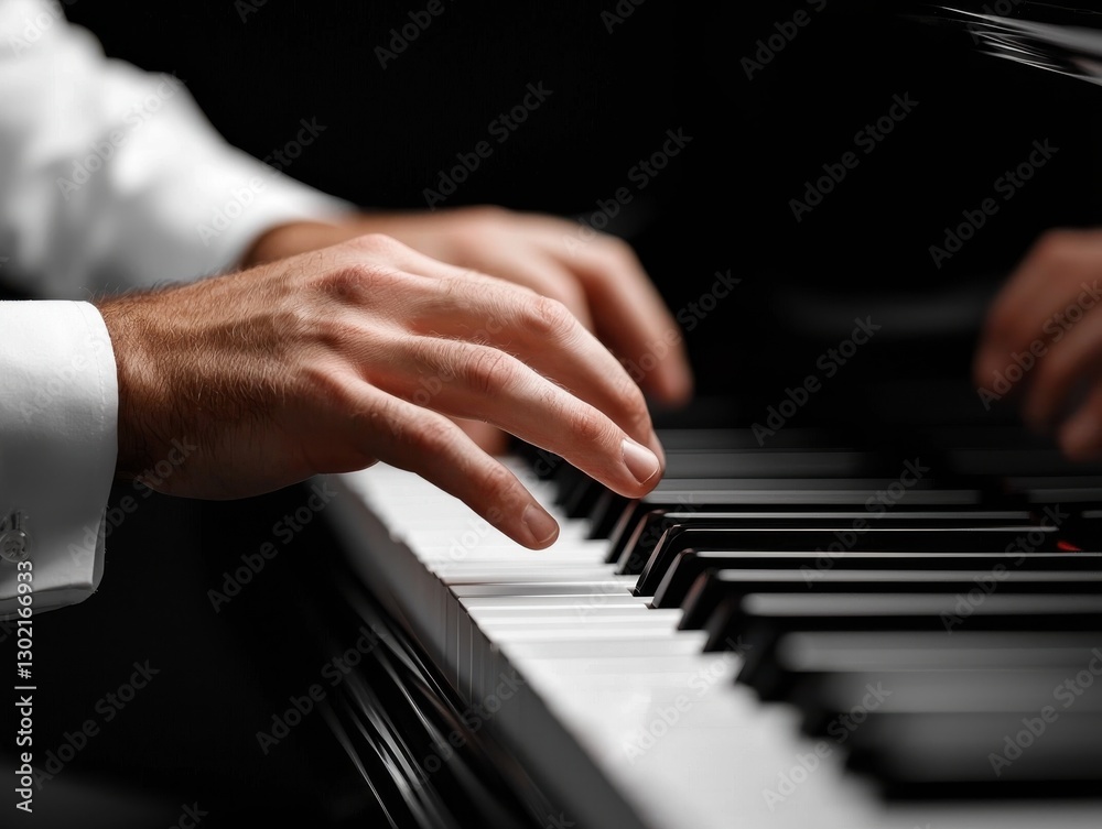 Fototapeta premium Close up of pianist hands playing a grand piano, musical performance concept, black and white keys.