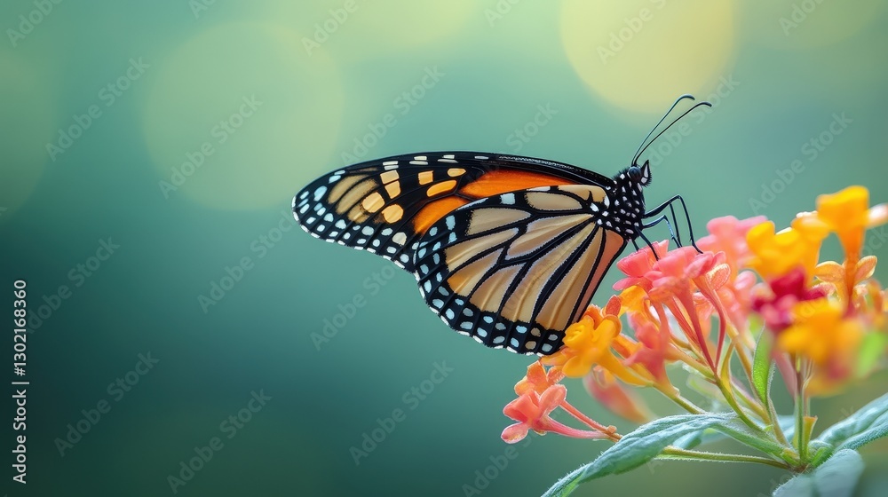 Fototapeta premium Monarch butterfly feeding on colorful flowers garden nature photography vibrant environment close-up perspective beauty in nature