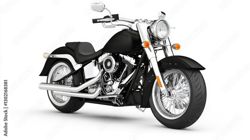 Black Classic Cruiser Motorcycle with Chrome Accents on White Background Black Classic Cruiser Motorcycle with Chrome Accents on White Background