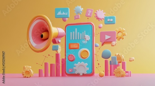Mobile Marketing Strategy Amplified: 3D Render of Smartphone with Megaphone and Colorful Marketing Icons