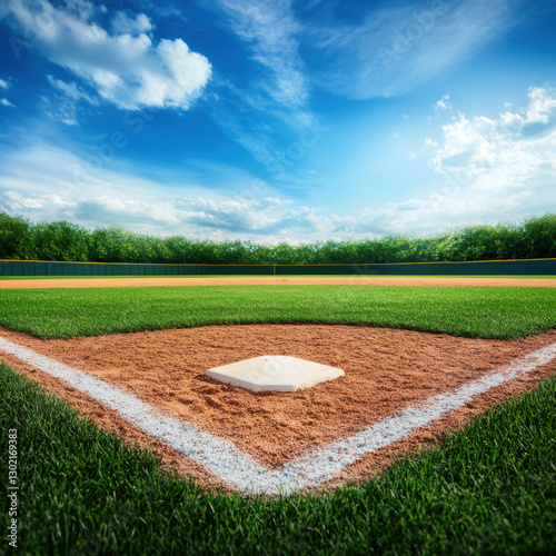 realistic view from behind home plate at baseball field, showcasing vibrant green grass, dirt infield, and clear blue sky. scene evokes sense of excitement and anticipation for game ahead